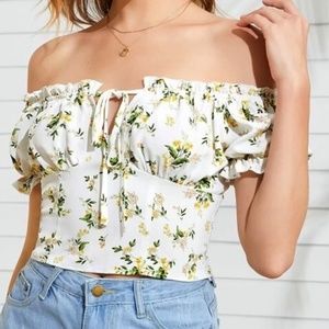 SHEIN Off Shoulder Tie Front Shirred Back Floral Milkmaid Top Size XL